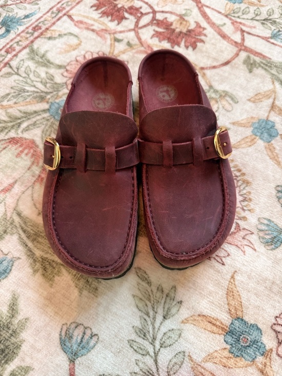 Birkenstock Shoes - Birkenstock Burgundy Leather Slip-On Loafers with Gold Buckles